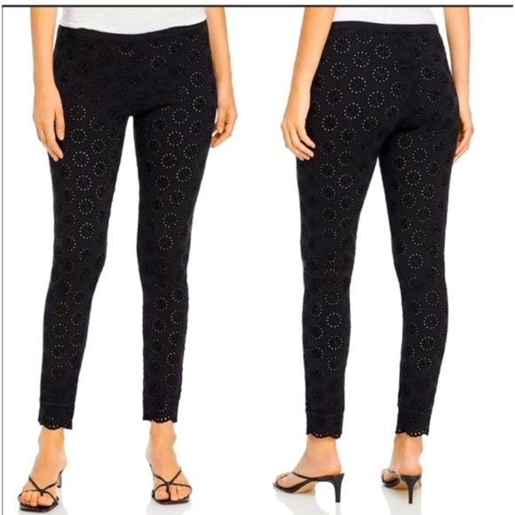 Johnny Was Pull On Spring Floral Eyelet Leggings Black pants boho embroidered M